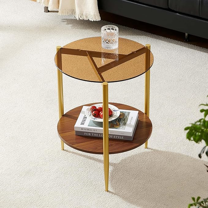 Pine Flicker Round End Table, Mid-Century Modern Design, D20*H23 inch, for Living Room, 2-Tier Structure, Amber Glass Top and Walnut MDF Shelf, Sleek Conical Metal Legs with Gold Finish