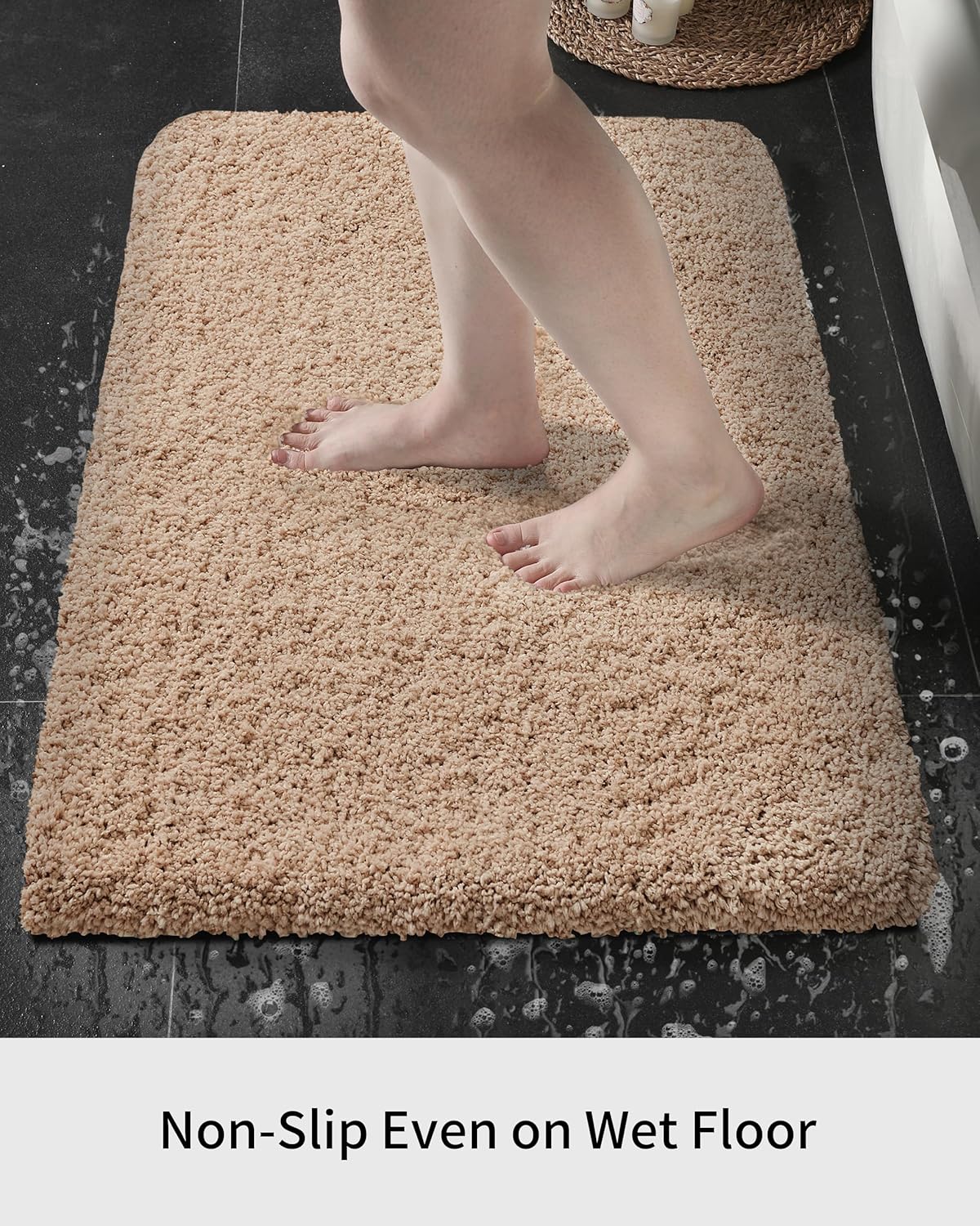 Small Bathroom Rug 17x24 Non Slip Beige Fluffy Bath Mat for Bathroom Floor Washable Plush Luxury Bath Rug for Tub Soft Shaggy Absorbent Shower Mat