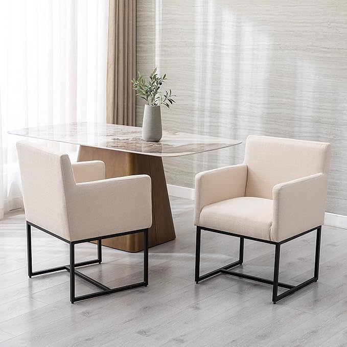 BESTANO Linen Upholstered Dining Chairs with Arms Set of 2, Mid Century Modern Kitchen Chairs with Black Metal Frame Accent Armchairs Padded, Cream