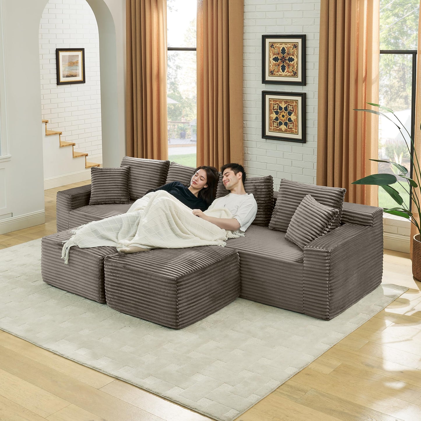 115" U-Shaped Cloud Sectional Couch, Front Facing Modular Compressed Boneless Sectional Sofa with Chaise Lounges, Plush Corduroy Boneless Symmetrical Sofa for Living Room