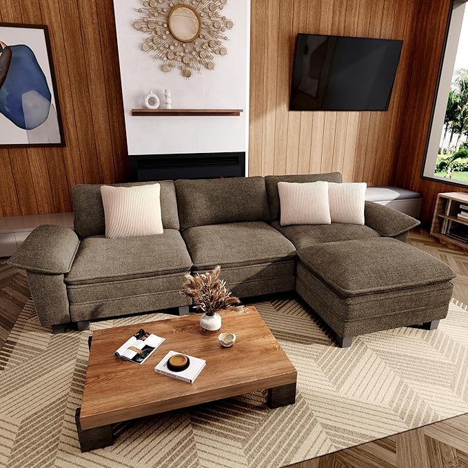 MIXPATIO 123-Inch L Shaped Sectional Sofa with Cloud Cushions, Deep Seat Modular Couch Set w/ 4 Seats & 1 Ottomans, Removable Arms, Plush Chenille Upholstery for Living Room, Apartment - Taupe