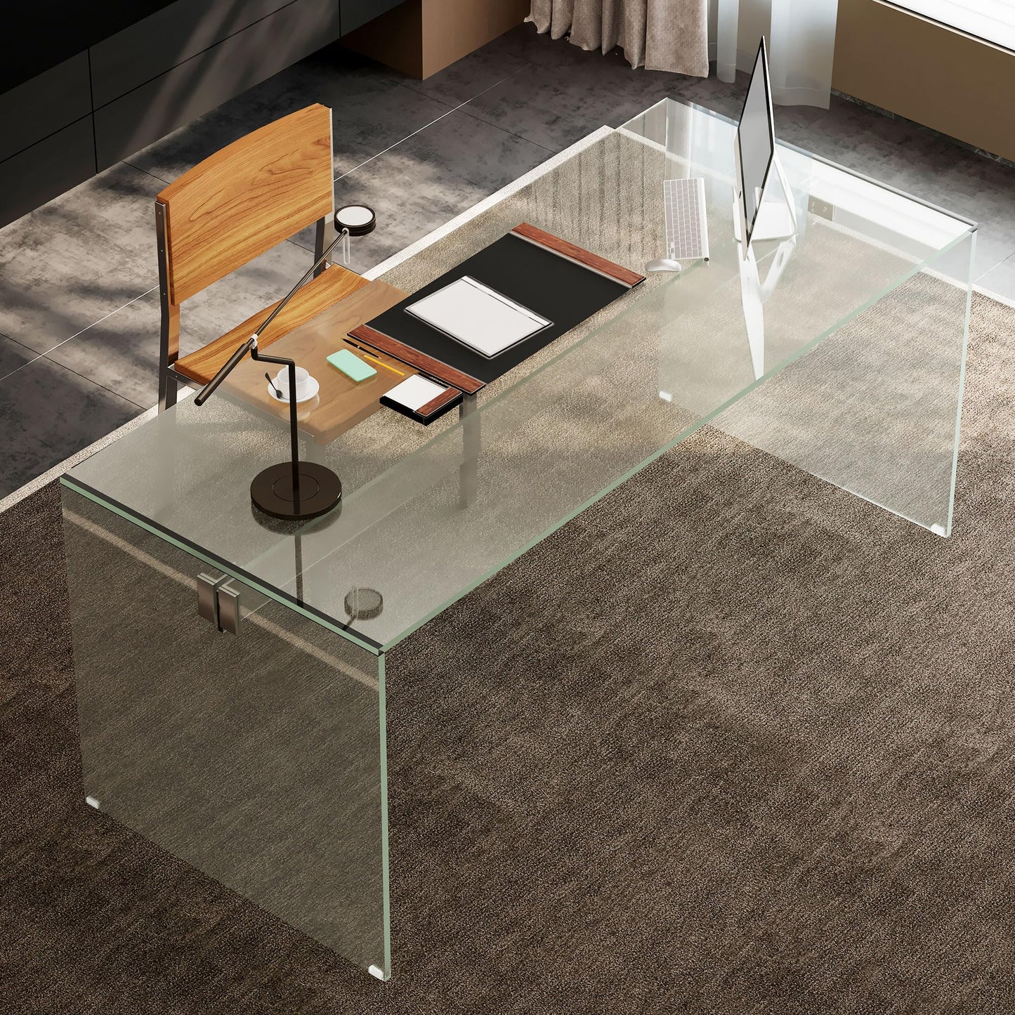 gaoyangjiaju Clear Tempered Glass Writing Desk – Minimalist Modern Computer Table with Metal Joints for Home Office or Study