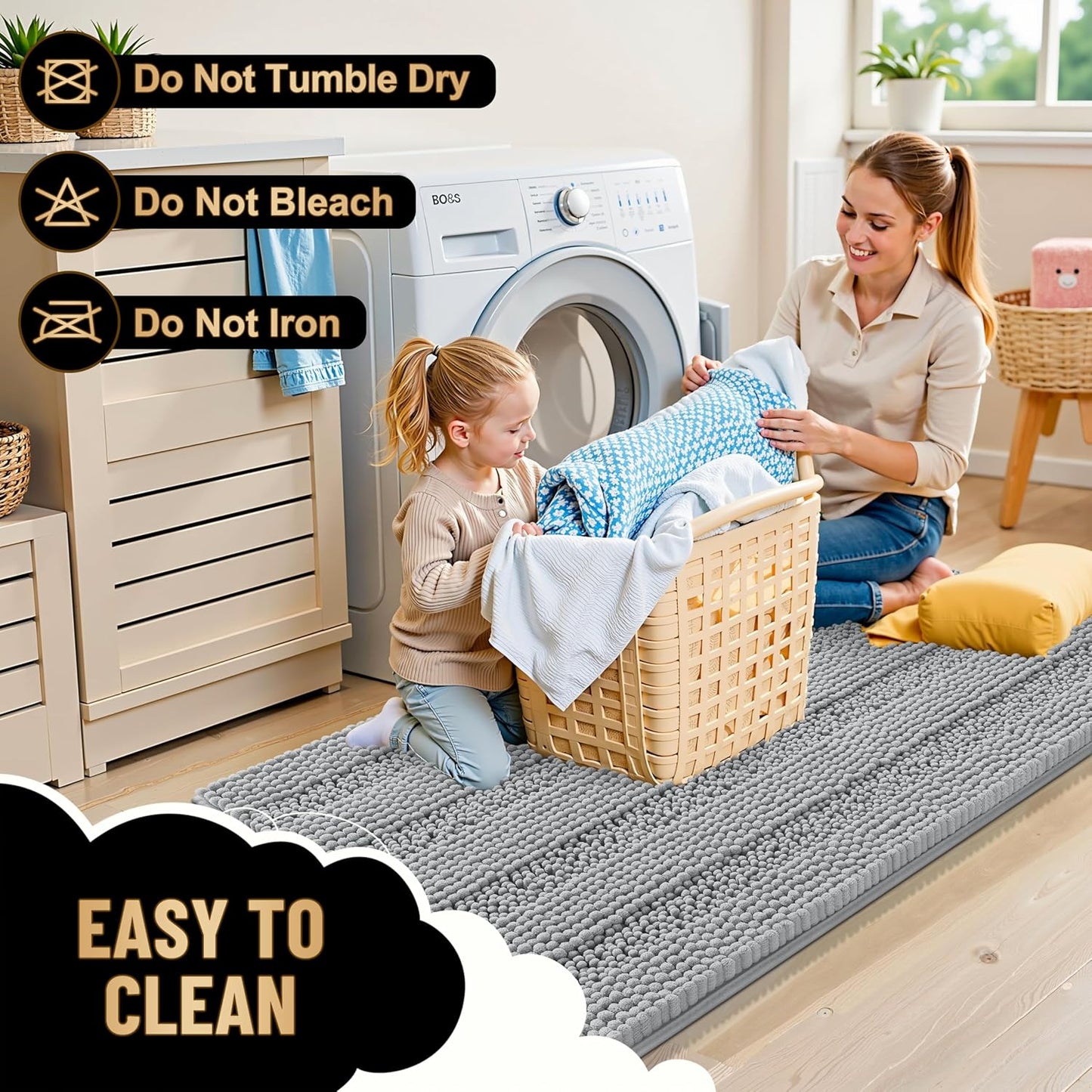 OLANLY Thick Bathroom Rugs 44x24, Extra Soft Absorbent Chenille Striped Bath Rugs, Rubber Backing, Machine Wash Dry, Bath Mats for Bathroom Floor, Tub and Shower, Home Decor Accessories, Light Grey