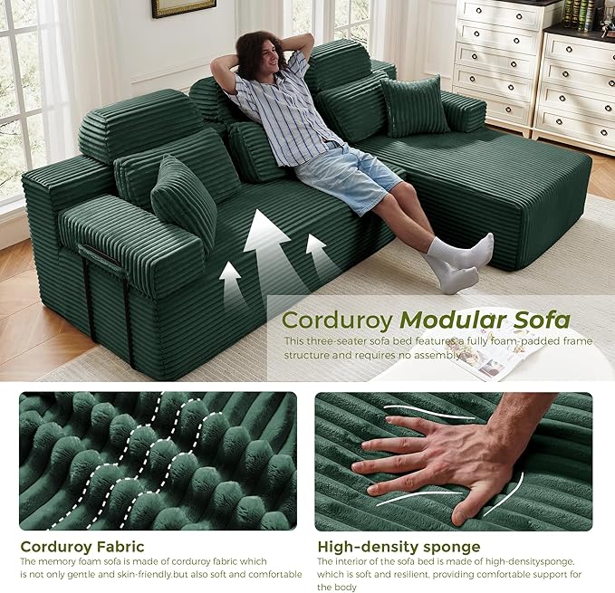 104" L-Shaped Cloud Modular Sectional Sofa with Chaise & Headrest, Boneless Deep Seat Plush Corduroy Couches for Large Living Room, No Assembly Required (Green, 104" L-shapred Chaise)
