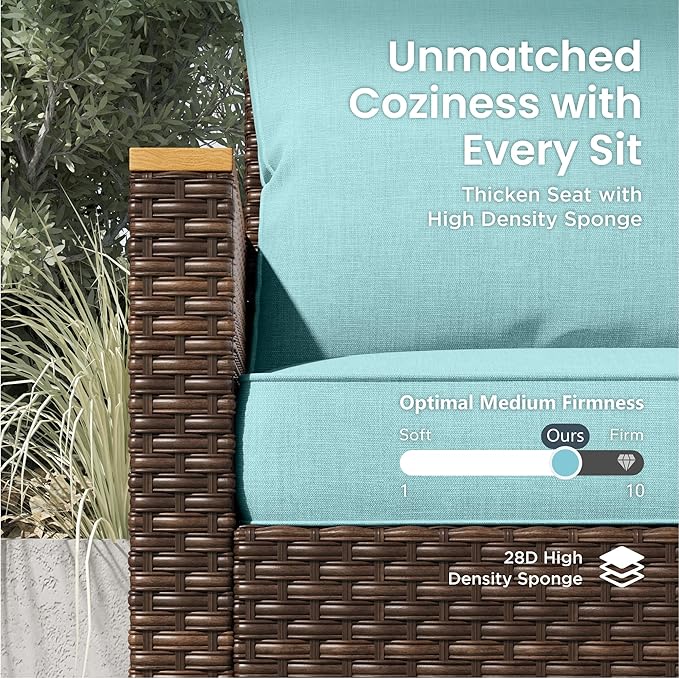 PHI VILLA 7-Piece Curved Patio Furniture Set, Half-Moon Wicker Sectional Furniture Sofa Set for 8 Seats with 1 Curved Sectionals, 2 armless Seats, 2 one armrest Sofas and 2 Ottomans, Aqua Blue