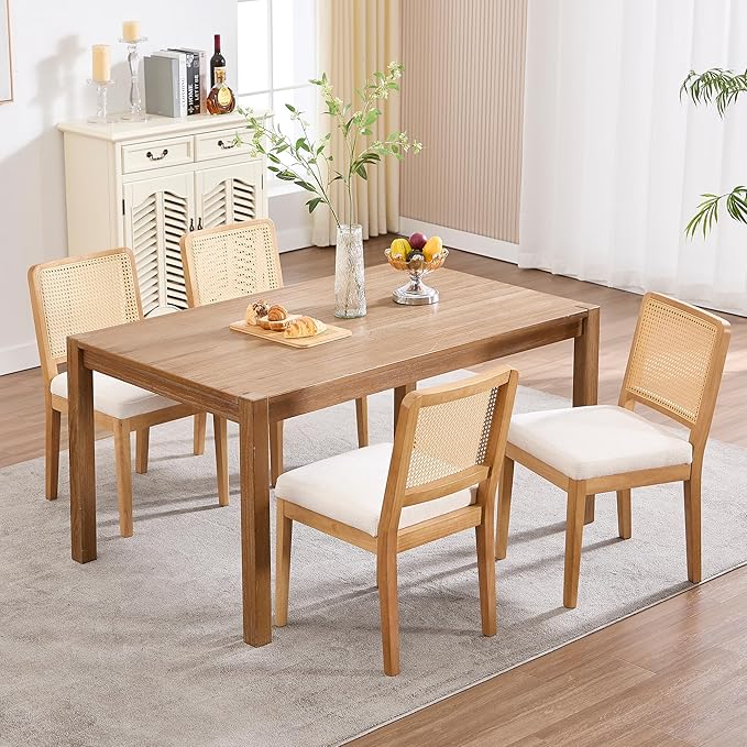 Farmhouse Rattan Dining Chairs Set of 4, Mid Century Modern Kitchen & Dining Room Chair, Rectangle Cane Upholstered Kitchen Chairs Side Chairs with Natural Wooden Legs, White Chenille