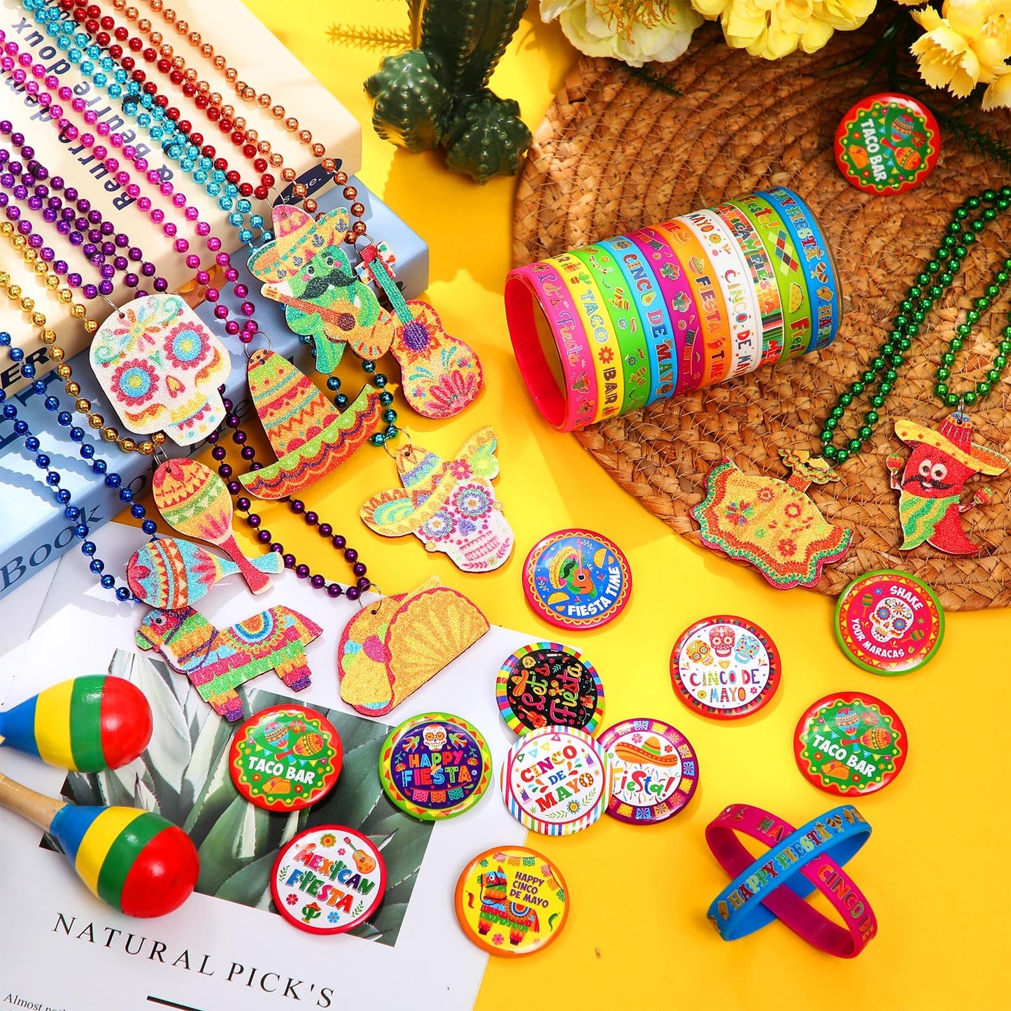 Highergo 150 Pcs Mexican Fiesta Party Favors Set 50 Cinco De Mayo Button Pins Badges 50 Fiesta Bead Necklaces 50 Party Favors Silicone Bracelets for Birthday Festival Party Supplies(Mexican Fiesta)