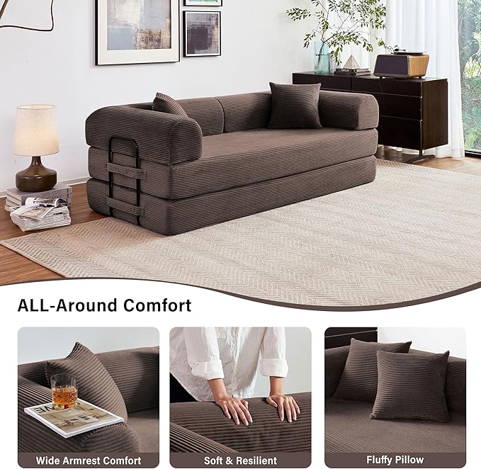 79" 5-in-1 Folding Convertible Sofa Bed, Oversized Corduroy Futon Floor Couch with Pull-Out Sleeper, Modular Boneless Loveseat for Small Spaces, Living Room, Bedroom (Brown)