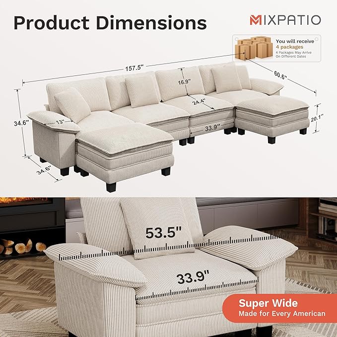 MIXPATIO 157-Inch U Shaped Sectional Sofa with Cloud Cushions, Deep Seat Modular Couch Set w/ 6 Seats & 2 Ottomans, Removable Arms, Plush Corduroy Upholstery for Living Room, Apartment - Beige
