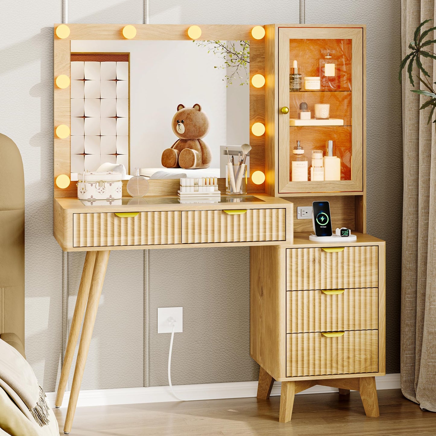 HUANLEGO Fluted Makeup Vanity Desk with Lights, 45" Glass Top Vanity Desk with Mirror and Lights &5 Drawers, Dressing Table with Lighted Mirror, Power Outlet & RGB Cabinet for Bedroom, Natural