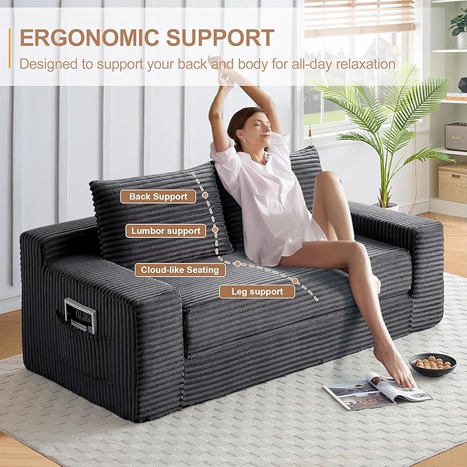 73" Convertible Sofa Bed, 2 in 1 Folding Couch Bed, Boneless Couch in a Box, Cloud Loveseat Sleeper, Fold Out Comfy Floor Futon Sofa with 2 Pillows for Living Room Bedroom, No Assembly (Grey, 73")