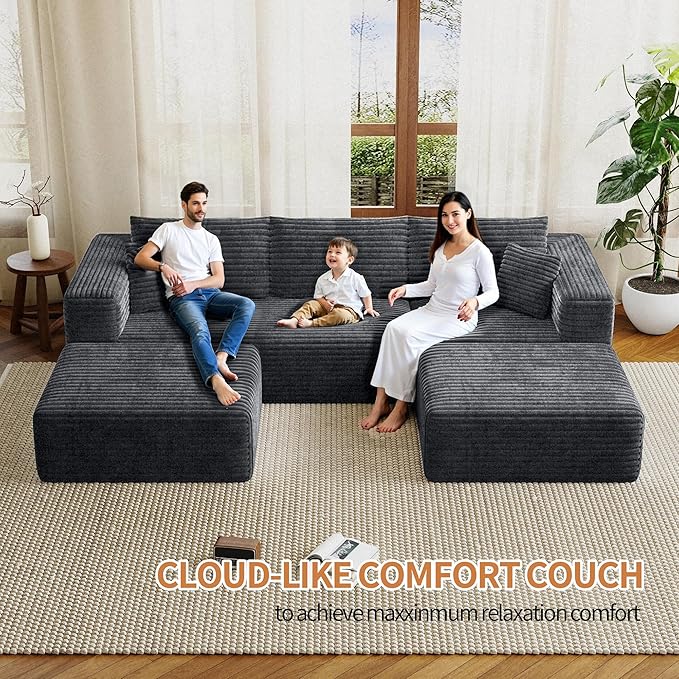 Fancyfire 108" Cloud Modular Sectional Couch with 2 Ottoman,Ultimate Comfort U-Shaped Deep Seat Sofa,Boneless Couch Upholstered 3-Seater Sofas for Living Room, No Assembly Required(Grey)
