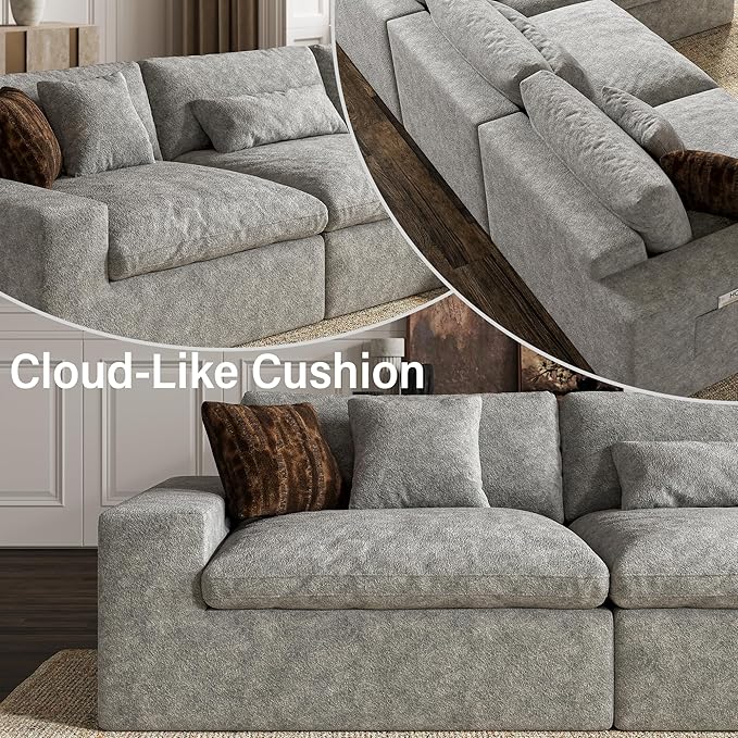 160'' Oversized Boneless Sectional Couches for Living Room, Deepseat Boneless Cloud Modular Sectional Sofa with Ottoman, No Assembly Required L-Shape Cloud Sofa, Plush Fabric, Light Gray