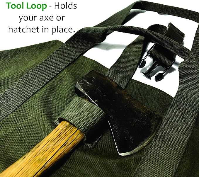 Heavy Duty Waxed Canvas Firewood Log Carrier Bag Tote – Unique Dual Handles allow Secure Comfortable grip with various load sizes. Cinch Strap holds all wood in place (Olive/Olive)