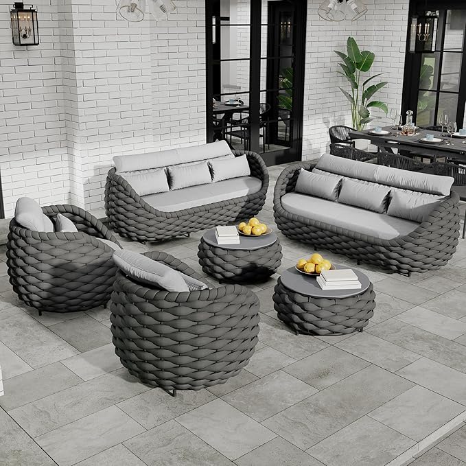Erotr Lanai Outdoor Furniture Sofa Set: 6-Piece Aluminum Woven Rope Patio Conversation Set w/Table - Modern Cushions Couch Set - No Assembly Porch Seating for Deck Yard Garden Pool Hotel Resort