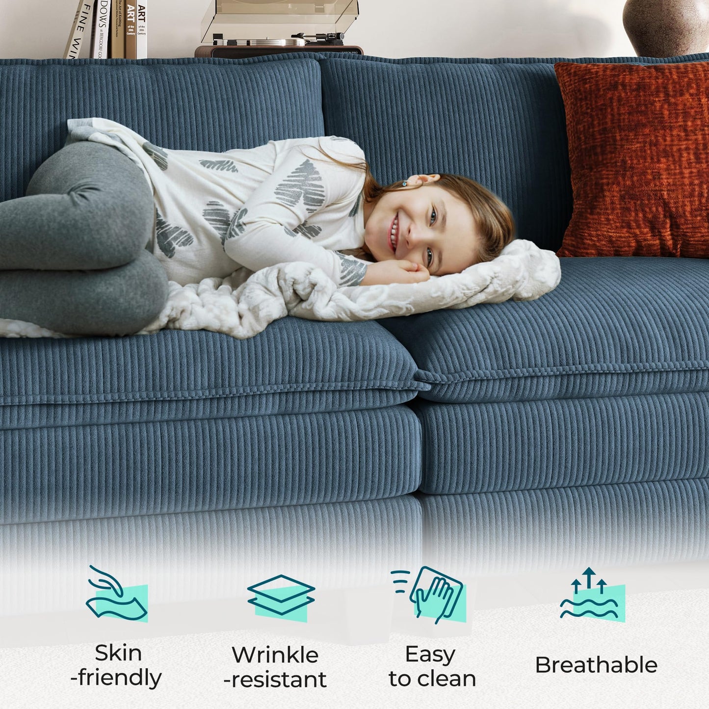 LINSY HOME 157'' Modular Sectional Sofa Blue Couch Corduroy Cloud Couches for Living Room, U Shaped Couch with Movable Ottoman, Modern Cloud Sectional Sofas for Bedroom and Apartment, Blue