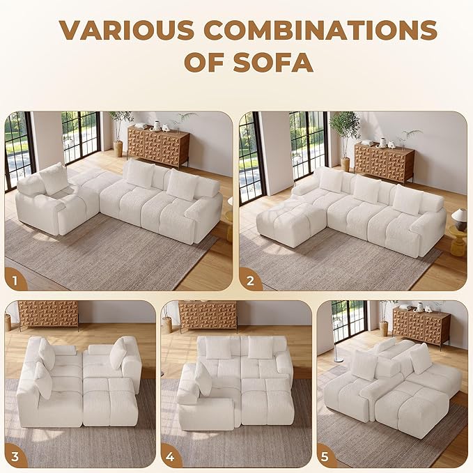 104" Modern L Shaped Modular Sectional Sofa, 4 Seater Convertible Chenille Cloud Couch Sofa Set, Boneless Couches for Living Room with Ottoman, No Assembly Required, White