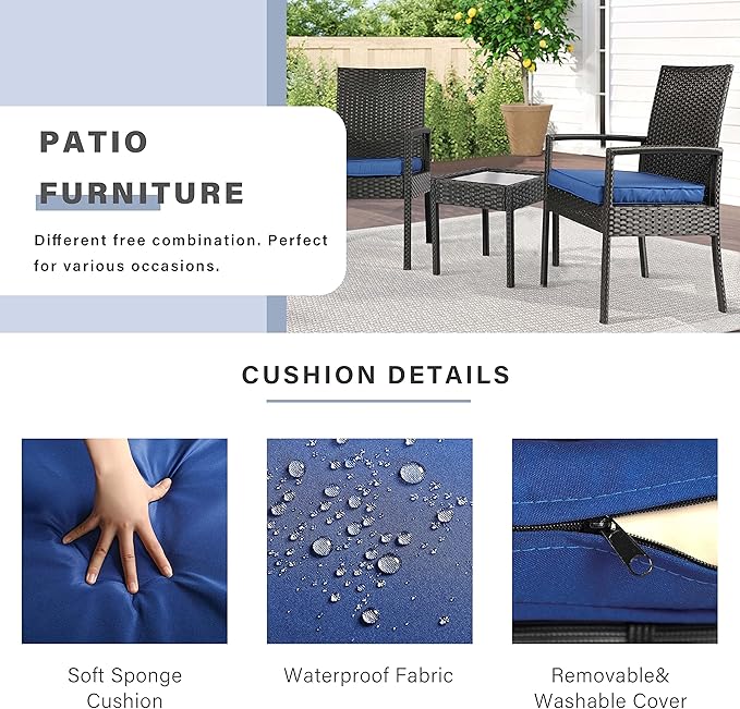 PAOLFOX 3 Piece Outdoor Patio Furniture Sets, Rattan Conversation Set with Soft Cushion, Wicker Chairs with Coffee Table for Yard Backyard Lawn Porch Poolside Balcony, Blue