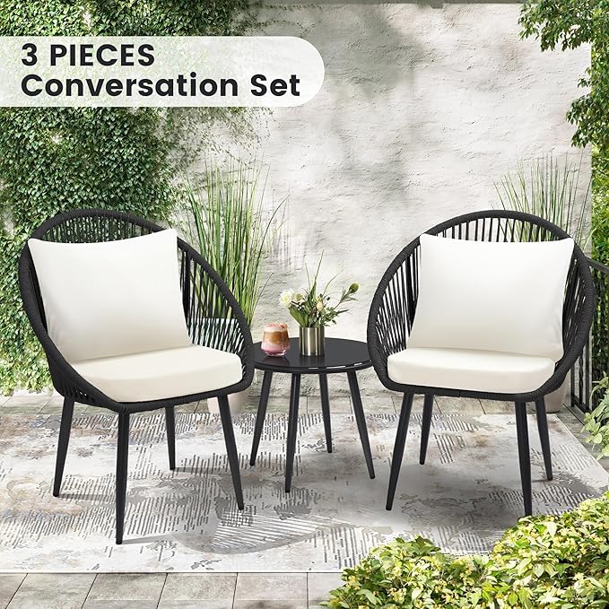 wildformers 3 Pieces Bistro Set, Woven Rope Chair with Cushions, All Weather Patio Conversation Set and Side Table, Ideal for Deck, Balcony, Poolside, Black