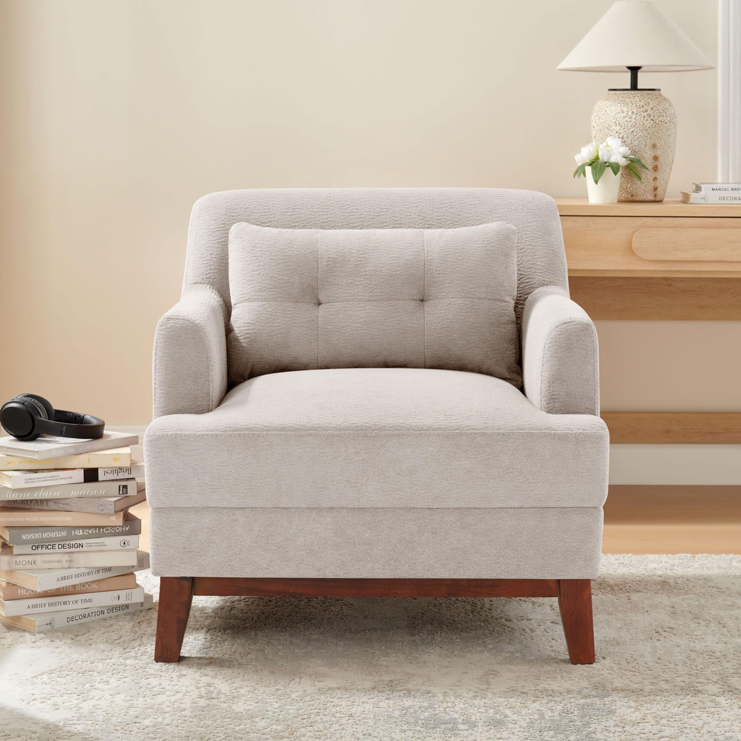 VANOMi Modern Accent Chair with Terry Fabric, Upholstered Armchair with Spring Package Cushion & Solid Wood Frame, Comfy Lounge Chair for Living Room, Bedroom, or Reading Corner, Terry, Camel