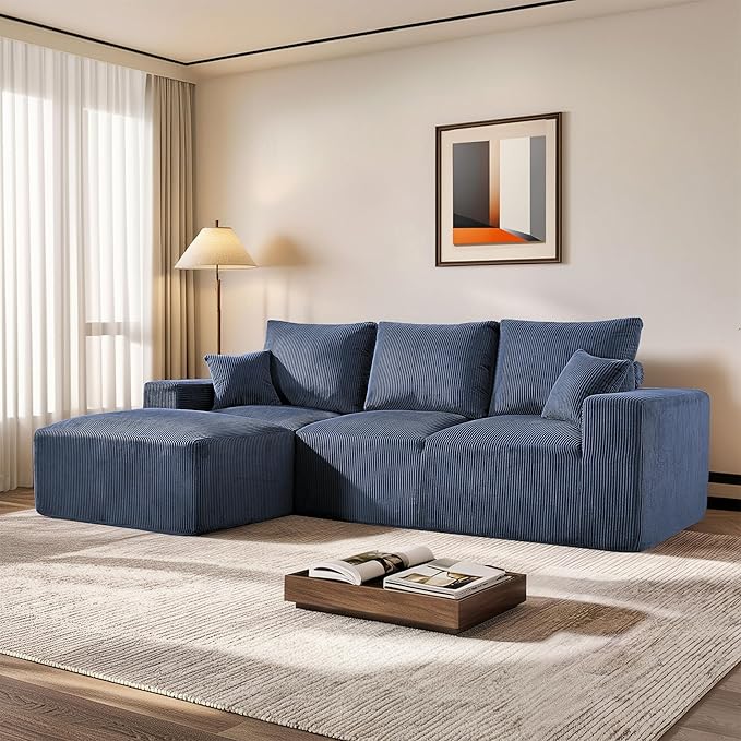 108" Modular Sectional Sofa, Compression Sofa with Deep Seat, Modular L-Shape Couch with Chaise, Upholstered Couches for Living Room Bedroom, No Assembly Required (Blue Corduroy, 108" L Shape)