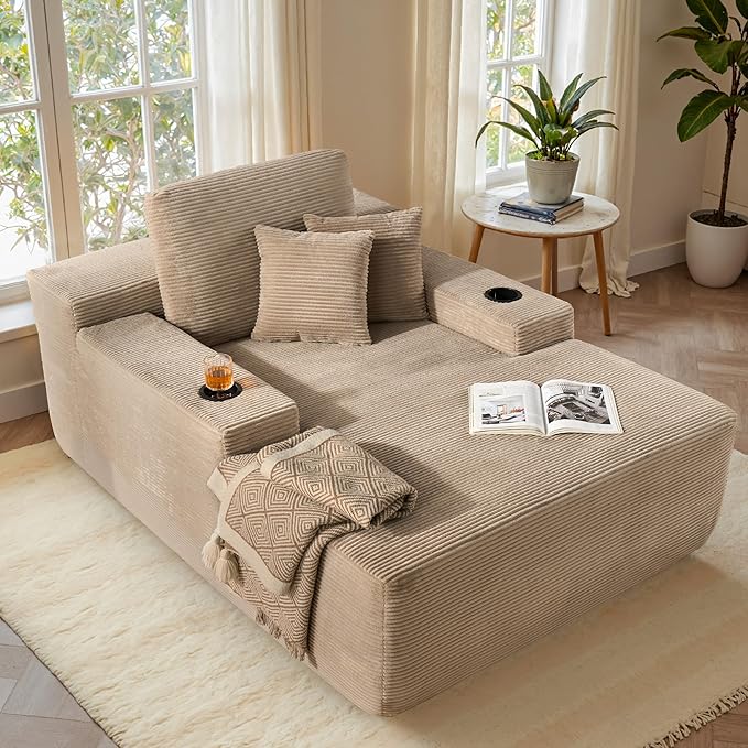 ovios 67'' Chaise Lounge Chair Indoor, Oversized Upholstered Sofa Bed with Cup Holders, Sleeper Couch Reading Chairs Fluffy Plush Corduroy Cloud Sofas Couches Living Room, Camel