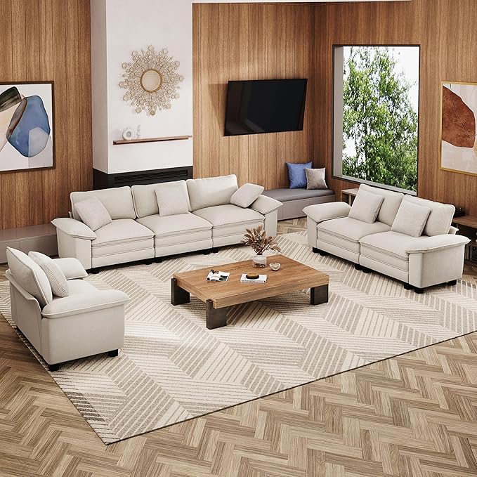 MIXPATIO U-Shaped Cloud Modular Sofa Set, Deep Seat 3-Piece 6-Seater Sectional Couch & Removable Arms, Plush Chenille for Living Room - Beige