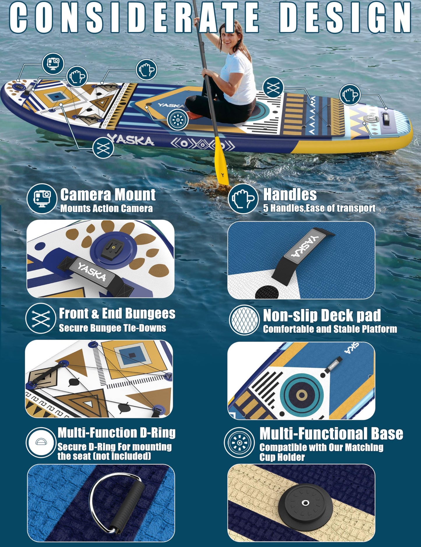 YASKA Inflatable Stand up Paddle Board 11ft with Cup Holder SUP Accessories,Extra Wide Design Non-Slip Paddleboard for Beginner Adults Advenor Yoga Fishing