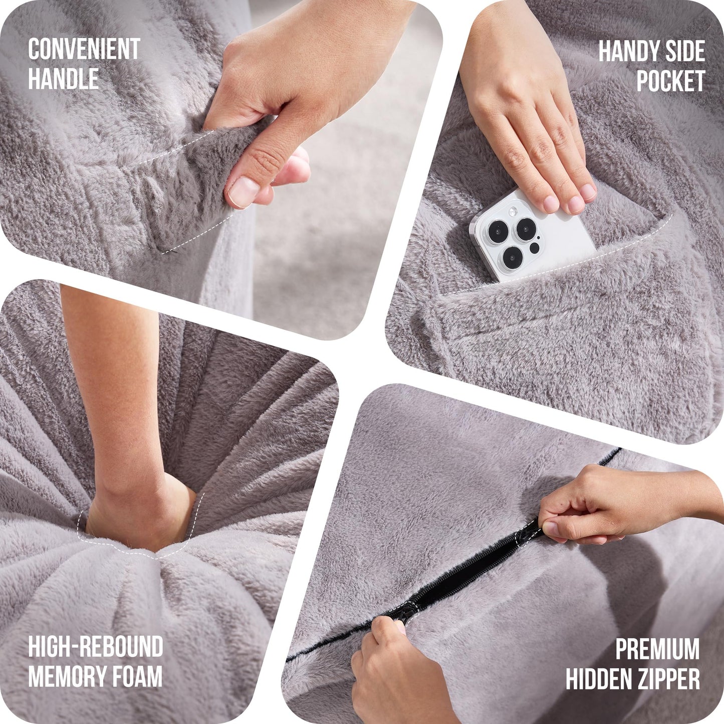 Hobestluk 5ft Bean Bag Chairs for Adults Large Beanbag Chair with Plush Faux Fur Cover Big Bean Bag Chair for Living Room Bedroom Dorm Office - Grey (50” x 50” x 24”)