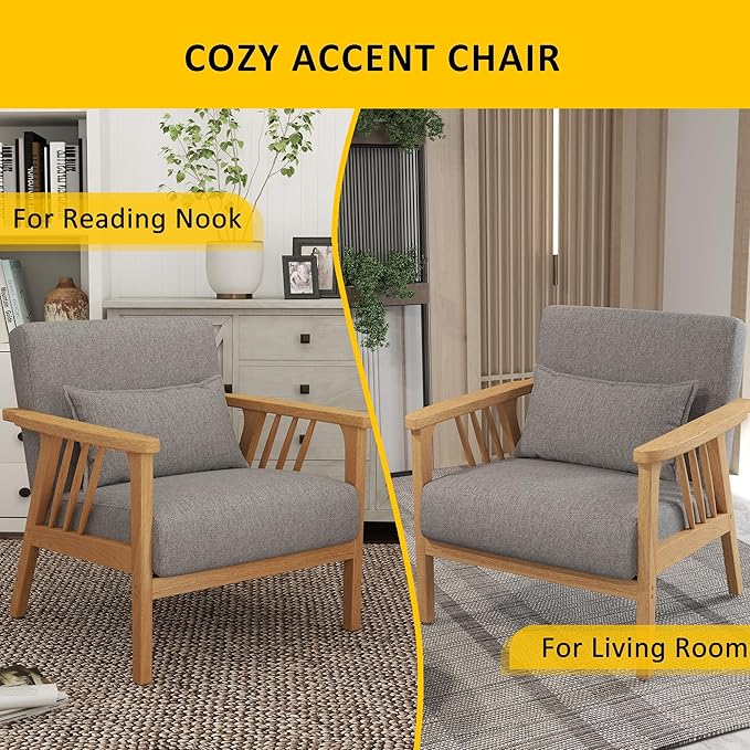 SEYNAR Mid-Century Accent Chair, Linen Fabric Armchair and Lounge Chair with Lumbar Pillow, Wide Seat & Solid Wood Frame for Living Room, Bedroom or Balcony (Light Gray)