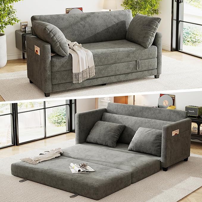 kakuboohi 65" Loveseat Sleeper Sofa Bed, Chenille Convertible Floor Sofa Bed for Small Spaces, Folding Couch Bed with Deep Seat, 2 Pillows & Solid Frame, Pull Out Floor Couch for Living Room, Grey