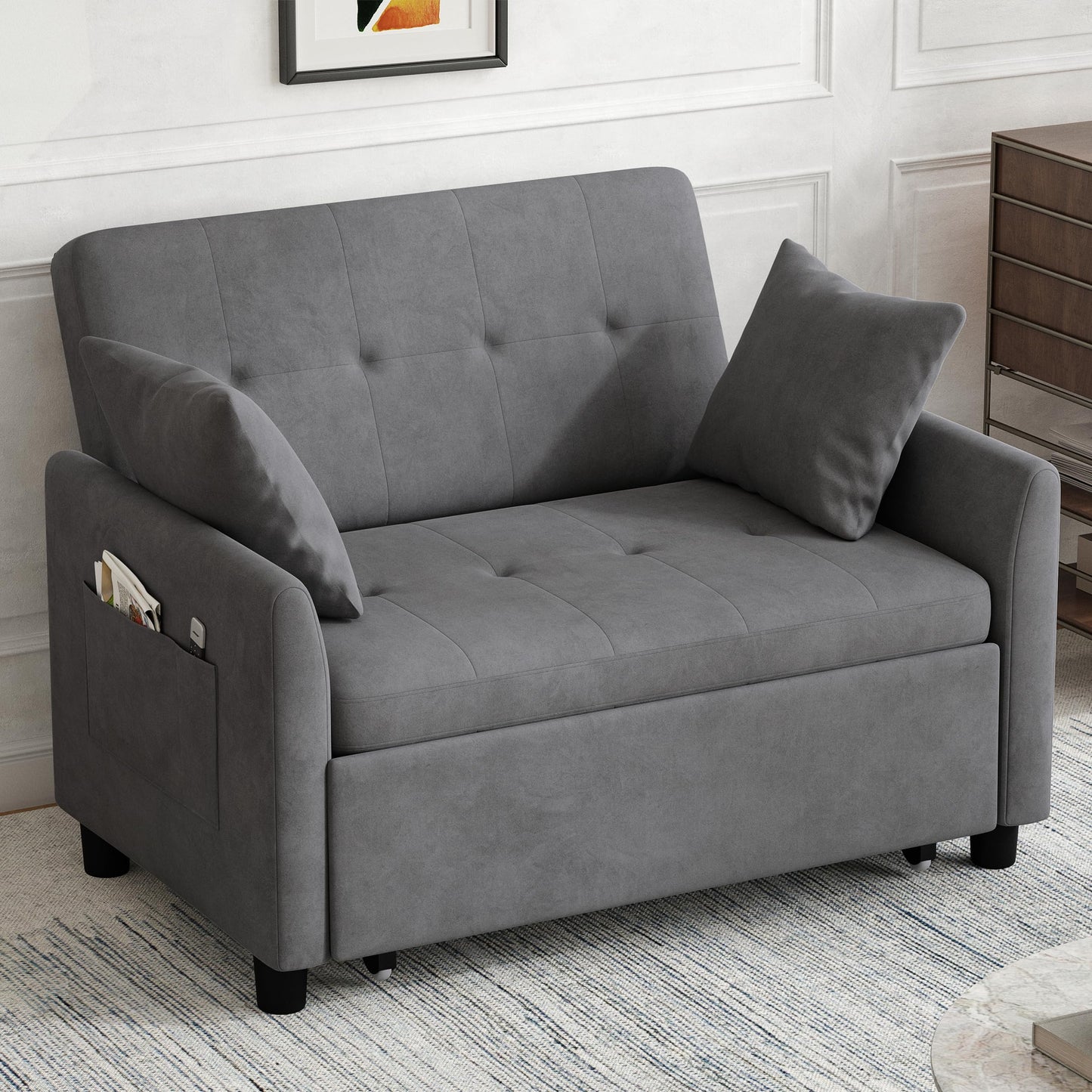 AYEASY Sleeper Sofa Bed, 3 in 1 Convertible Sleeper Couch Bed Pull Out, Small Loveseat Sofa, Futon Sofa Bed Full Size, 46" Velvet Love Seat with Pillow and Phone Holder for Living Room, Grey