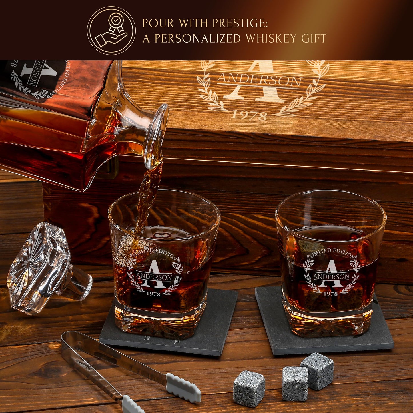 Personalized Whiskey Decanter and Stones Set - Customized Gift for Him - Men, Dad, Father - Engraved Classic Decanter, Glasses, 9 Granite Stones in Container, Coasters, Tongs in Wooden Gift Box