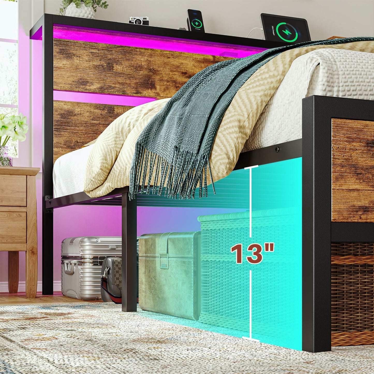 Homkdom Queen Bed Frame with Headboard,Queen Size Bed Frame with LED Lights & Charging Station & 13" Under Bed Storage, All-Metal Support System, No Box Spring Needed, Easy Assembly,Rustic Brown