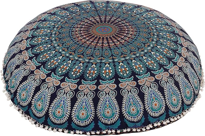Shubhlaxmifashion 32" Blue Mandala Floor Pillow Cushion Seating Throw Cover Hippie Decorative Bohemian Ottoman Poufs, Pom Pom Pillow Cases,Boho Indian