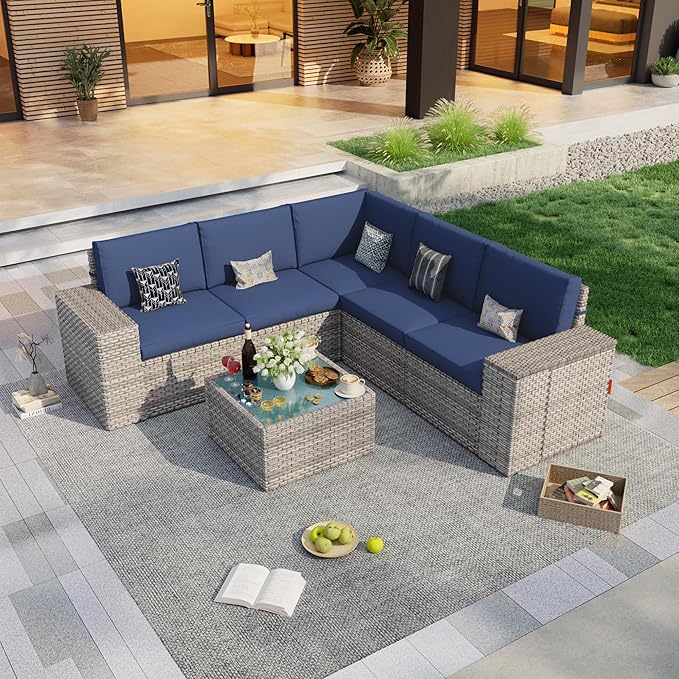 PCSXDSW 6 Pieces Patio Conversation Set, Rattan Furniture Set with Wide Armrests and Coffee Table, Outdoor Modular Sectional Couch Wicker Sofa for Garden Backyard Balcony Porch Deck (Blue Cushions)