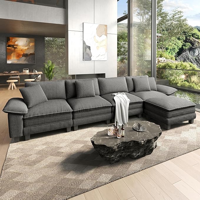 HERA'S HOUSE 158" Modular Sectional Sofa, Oversized L Shaped Couches for Living Room, Comfy Cloud Couch with Ottoman, 5-Seater Deep Seat Sofa with Throw Pillow, Corduroy Grey