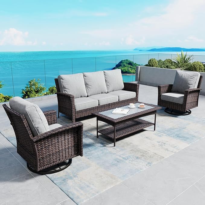 SUNSHINE VALLEY Patio Furniture Set with Swivel Chairs, High Back Wicker Rattan Furniture with 5.5" Thick Cushions and Coffee Table, Outdoor Conversation Set for Backyard Deck,5 Seats, Grey