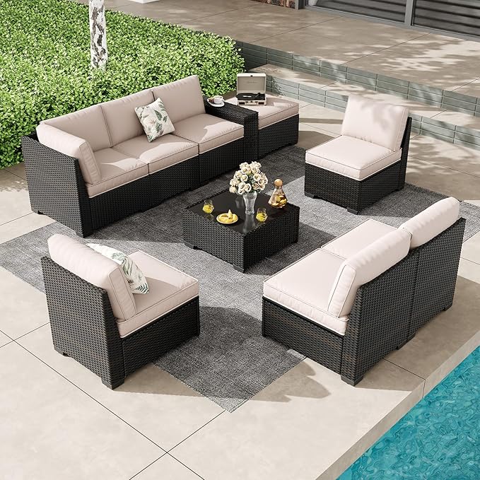 SunloungeCo 9 Pieces Outdoor Patio Furniture Set, Wicker Conversation Sets with Tea Table, Rattan Patio Sofa with Thick Cushions for Garden, Backyard Porch, Poolside,Beige