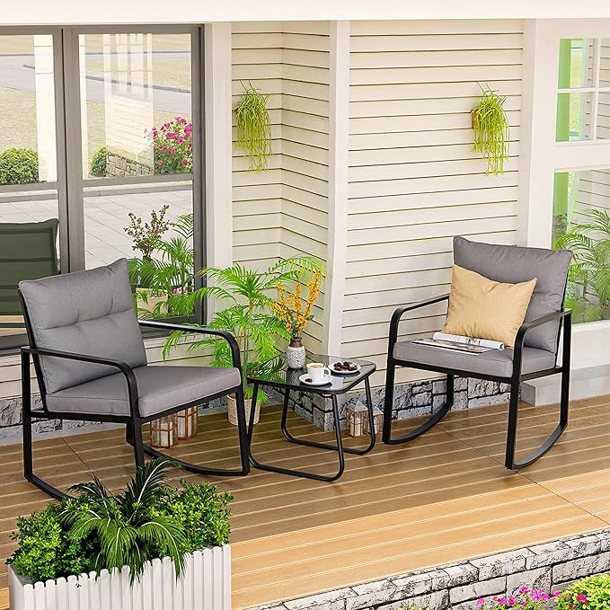 Gizoon 3 Piece Rocking Bistro Set, Black Steel Patio Furniture, Porch Chairs Conversation Set with Glass Coffee Table, Back Cushion, for Balcony, Garden, Deck, Backyard, Grey