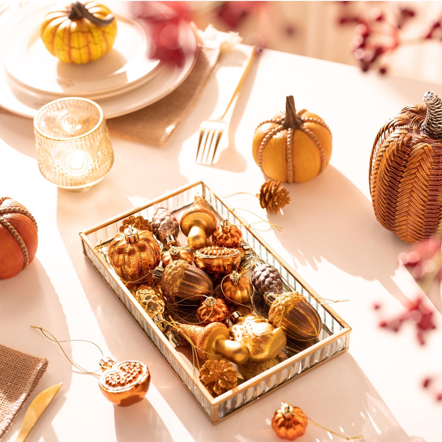 Valery Madelyn Fall Tree Ornaments for Home, 12ct Shatterproof Fall Decorations for Small Tree, Orange Hanging Gnome Ball for Harvest Halloween Thanksgiving Autumn