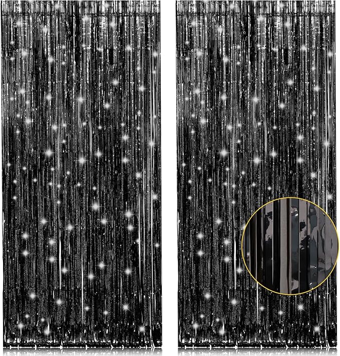 2 Pack 3.2ft x 8.2ft Black Tinsel Foil Fringe Curtains, Metallic Foil Tinsel Photo Booth Backdrop Streamer for New Years D...