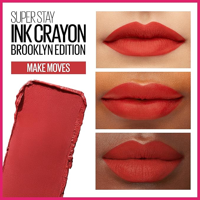 Maybelline Super Stay Ink Crayon Lipstick Makeup, Precision Tip Matte Lip Crayon with Built-in Sharpener, Longwear Up To 8Hrs, Make Moves, Red Nude, 1 Count
