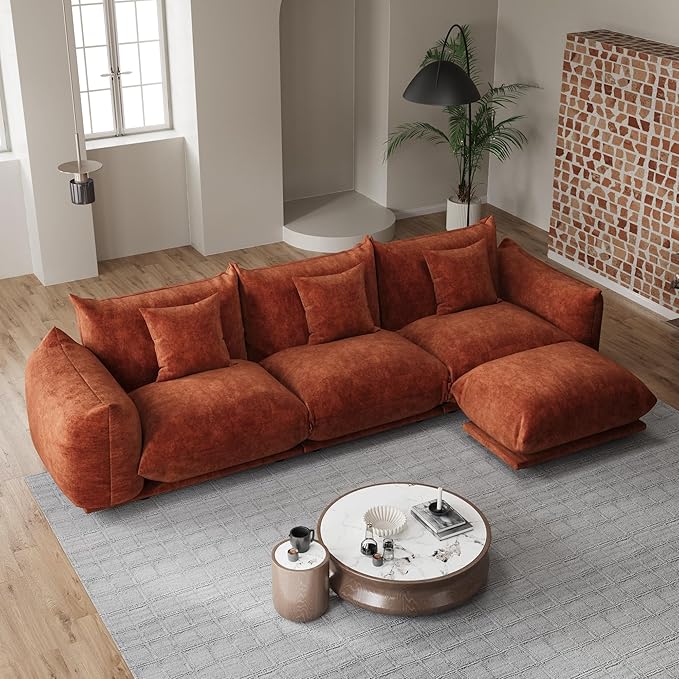 Modern Minimalist Chenille Modular Sectional Sofa, Deep-Seat 3-Seater L-Shaped Couch with Movable Ottoman and Thick Cushions, Upholstered Sofa for Living Room, Bedroom, Office, Apartment Orange L Sofa