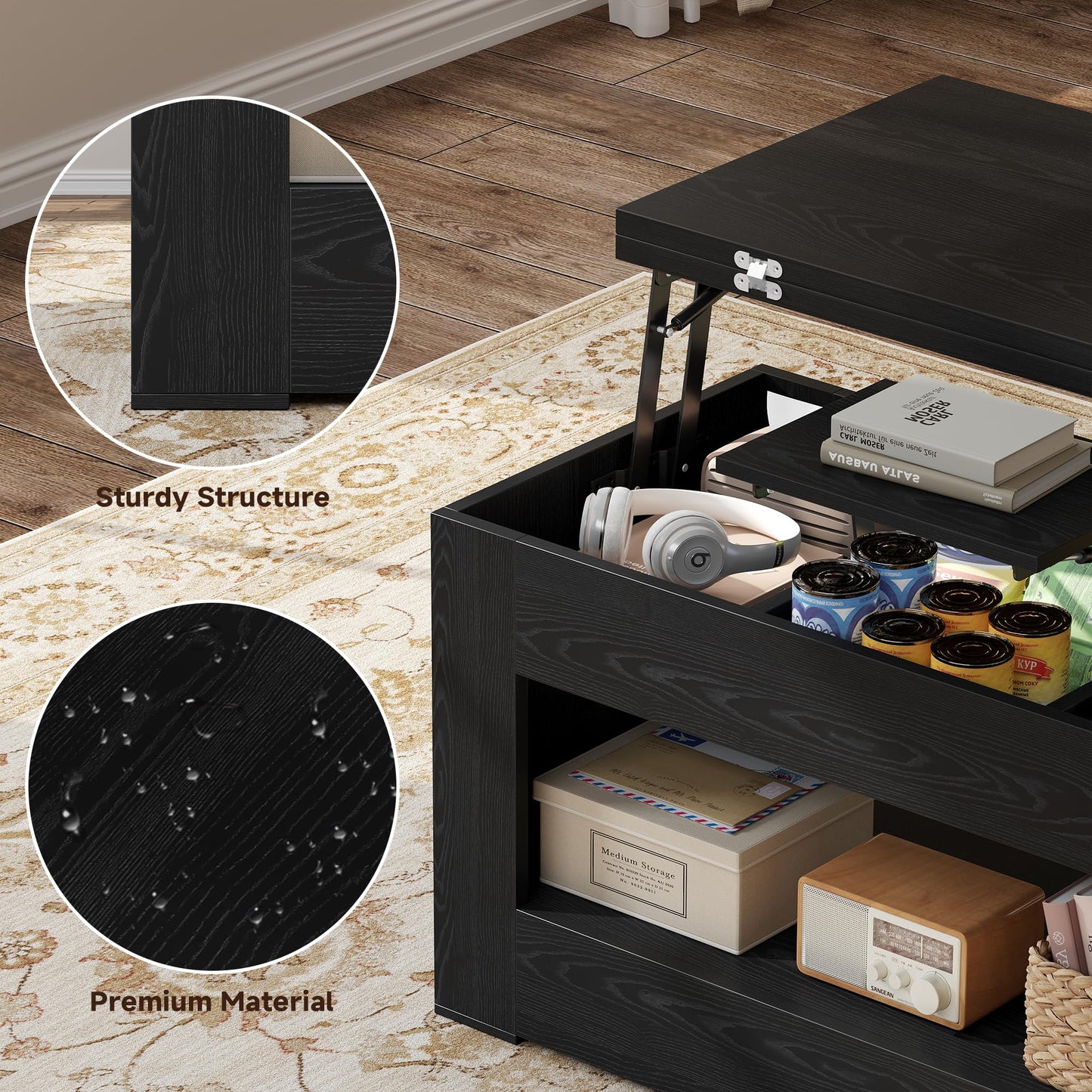 UNIQUITE 40" Lift Top Coffee Table, 4 in 1 Multi-Function Lift Coffee Tables with Storage and Hidden Compartment, Convertible Coffee Table to Dining Table for Living Room, Black
