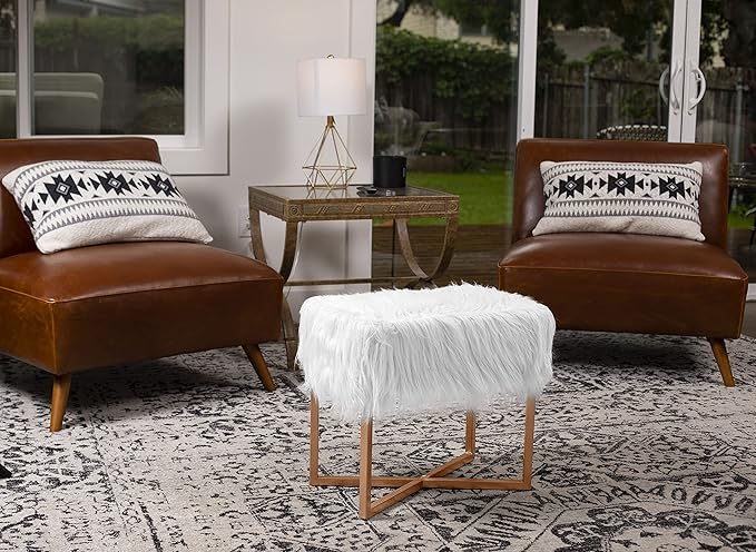 BIRDROCK HOME Rectangular White Faux Fur Foot Stool Ottoman with Gold Legs - Vanity Chair - Soft Compact Padded Seat - Bedroom and Kids Room Chair - Metal - Fluffy Makeup Seat
