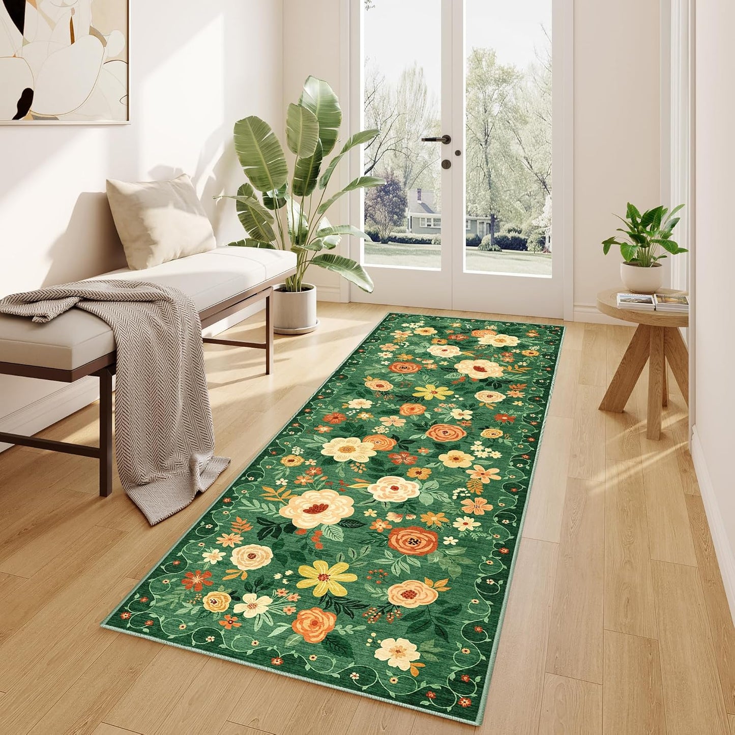DUKINO 2x6 Runner Rug for Hallway, Washable Kitchen Runner Rug with Non Slip Backing, Low Pile Soft Boho Floral Runner for Kitchen, Hallway, Entryway, Laundry, Bedroom, Dark Green