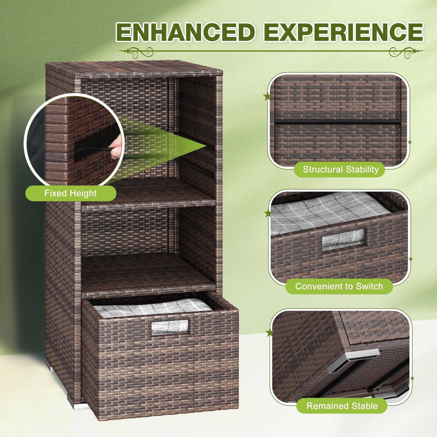 Greesum Rattan Storage Shed, Outdoor Towel Rack with 2 Storage Shelves & 1 Bottom Drawer, Suitable for Pool Patio Garden Deck, Brown