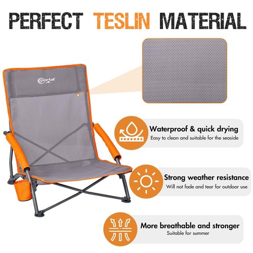 Portal Beach Chairs for Adults 2 Pack High Back Low Folding Camping Chair Portable Lightweight with Cup Holder for Travel, Concert, Lawn, Festival, Support 400lbs