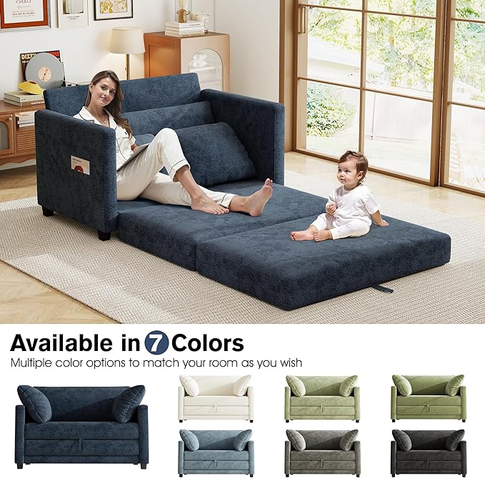kakuboohi 51" Loveseat Sleeper Sofa Bed, Chenille Convertible Floor Sofa Bed for Small Spaces, Folding Couch Bed with Deep Seat, 2 Pillows & Solid Frame, Pull Out Floor Couch for Living Room, Blue